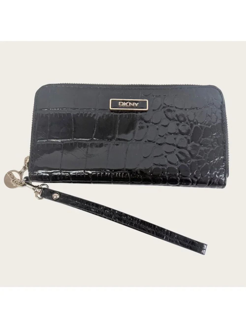 DKNY Black Croc Embossed Faux Leather Zip-Around Wallet With Wristlet Strap